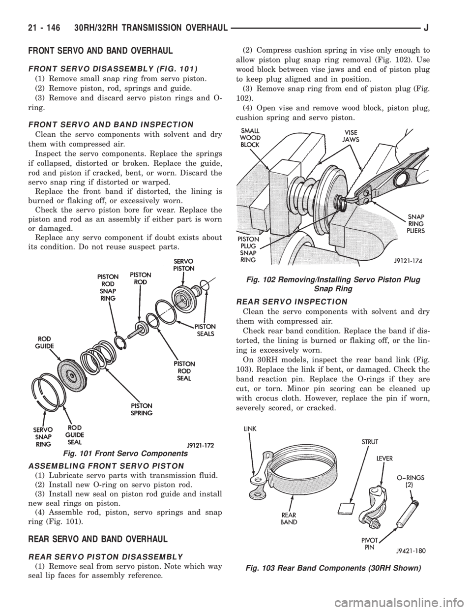 JEEP WRANGLER 1995  Owners Manual Fig. 102 Removing/Installing Servo Piston Plug
Snap Ring
Fig. 103 Rear Band Components (30RH Shown)
21 - 146 30RH/32RH TRANSMISSION OVERHAULJ 