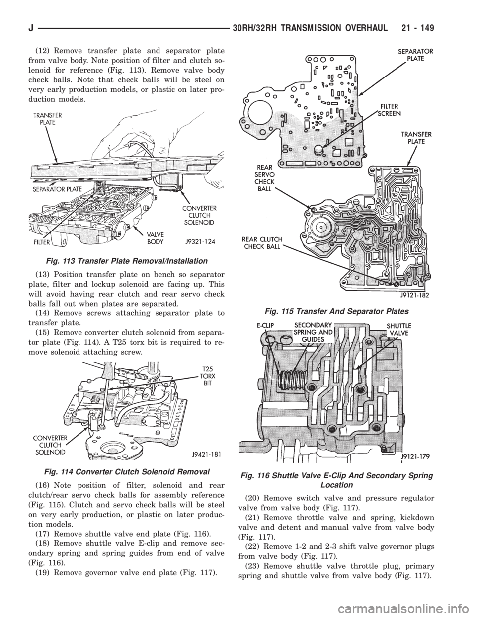 JEEP WRANGLER 1995  Owners Manual Fig. 114 Converter Clutch Solenoid Removal
Fig. 115 Transfer And Separator Plates
Fig. 116 Shuttle Valve E-Clip And Secondary Spring
Location
J30RH/32RH TRANSMISSION OVERHAUL 21 - 149 