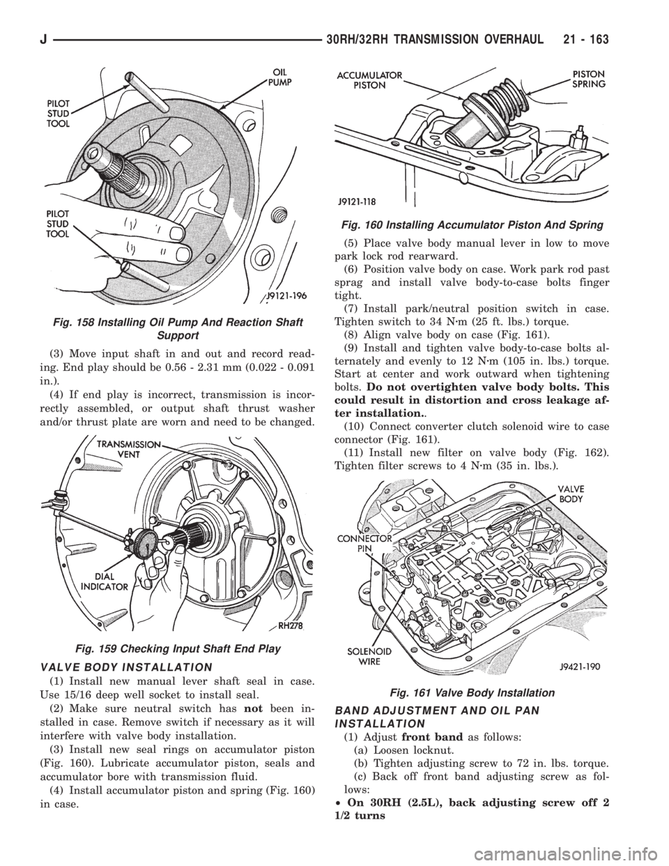JEEP WRANGLER 1995  Owners Manual Fig. 159 Checking Input Shaft End Play
Fig. 160 Installing Accumulator Piston And Spring
Fig. 161 Valve Body Installation
J30RH/32RH TRANSMISSION OVERHAUL 21 - 163 