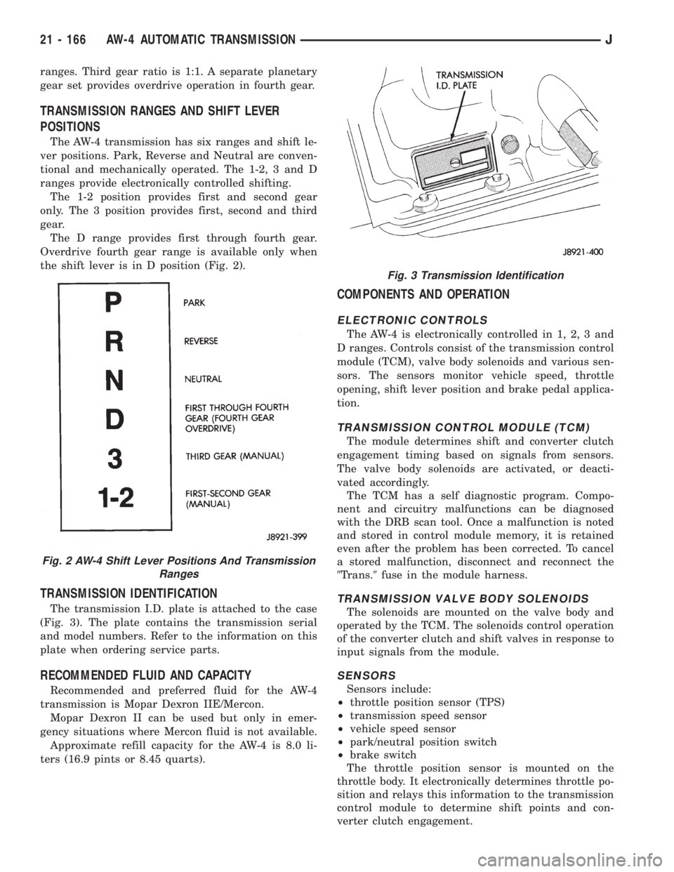 JEEP WRANGLER 1995  Owners Manual Fig. 3 Transmission Identification
21 - 166 AW-4 AUTOMATIC TRANSMISSIONJ 