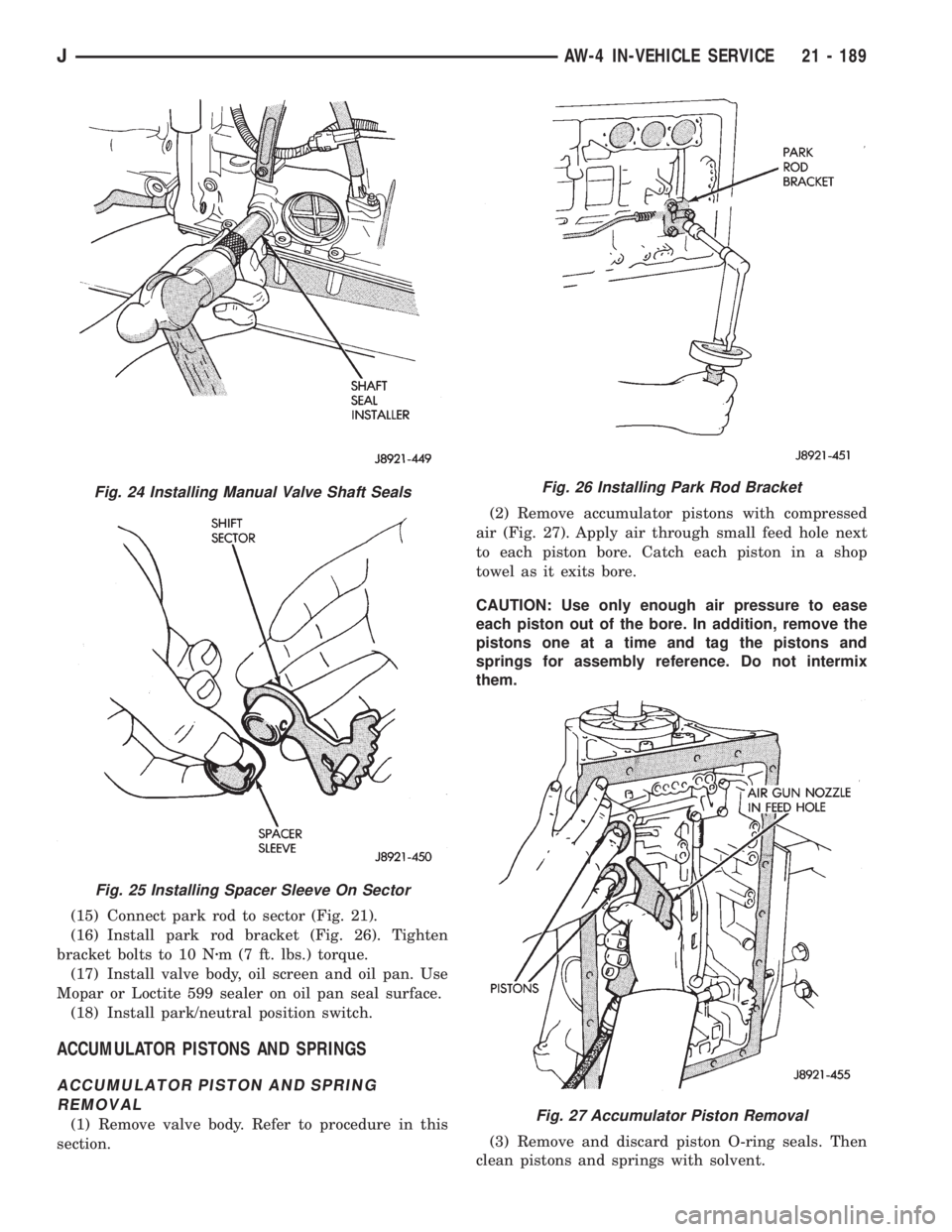 JEEP WRANGLER 1995  Owners Manual Fig. 25 Installing Spacer Sleeve On Sector
Fig. 26 Installing Park Rod Bracket
Fig. 27 Accumulator Piston Removal
JAW-4 IN-VEHICLE SERVICE 21 - 189 