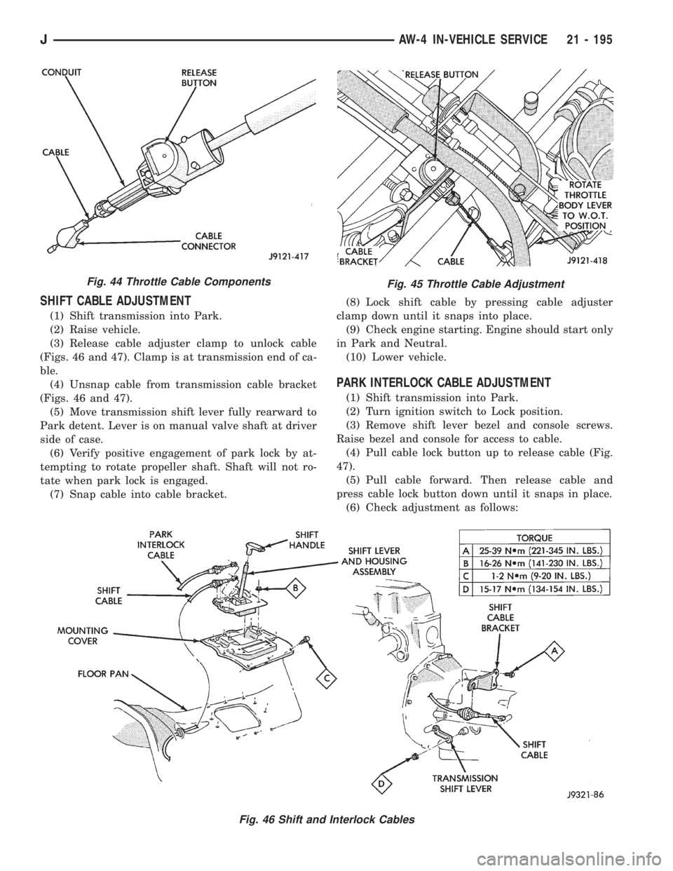 JEEP WRANGLER 1995  Owners Manual Fig. 46 Shift and Interlock Cables
Fig. 44 Throttle Cable Components
JAW-4 IN-VEHICLE SERVICE 21 - 195 