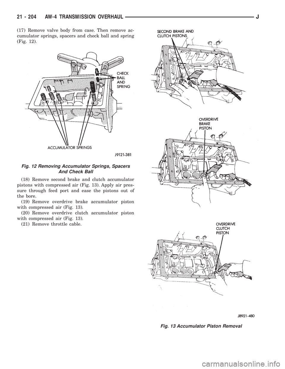 JEEP WRANGLER 1995  Owners Manual Fig. 13 Accumulator Piston Removal
21 - 204 AW-4 TRANSMISSION OVERHAULJ 
