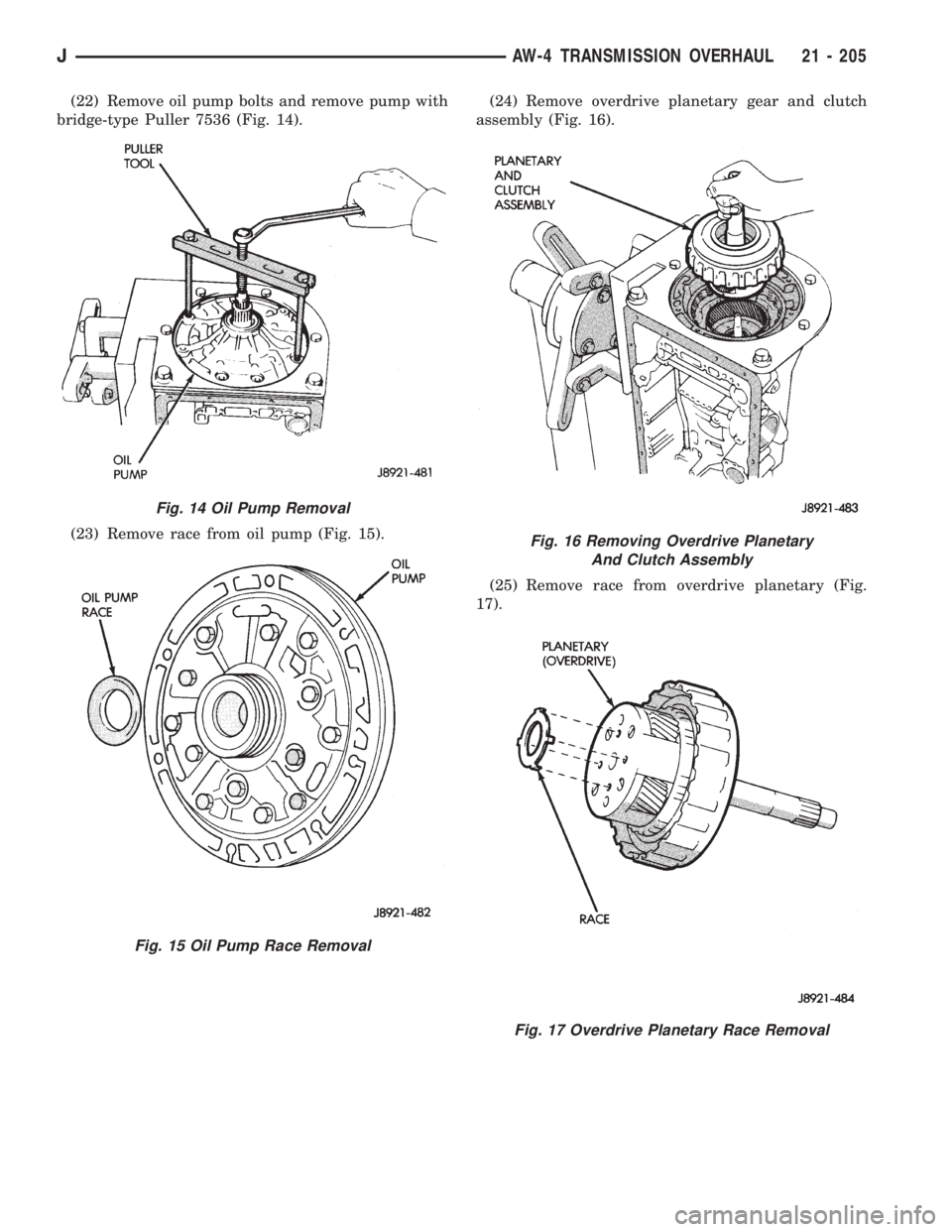 JEEP WRANGLER 1995  Owners Manual Fig. 15 Oil Pump Race Removal
Fig. 16 Removing Overdrive Planetary
And Clutch Assembly
Fig. 17 Overdrive Planetary Race Removal
JAW-4 TRANSMISSION OVERHAUL 21 - 205 