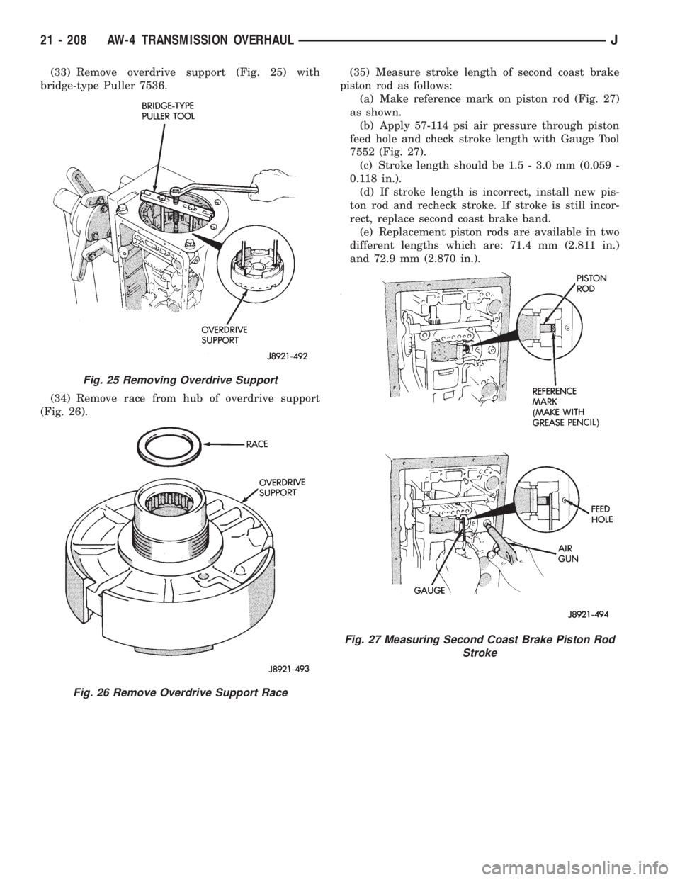 JEEP WRANGLER 1995  Owners Manual Fig. 26 Remove Overdrive Support Race
Fig. 27 Measuring Second Coast Brake Piston Rod
Stroke
21 - 208 AW-4 TRANSMISSION OVERHAULJ 