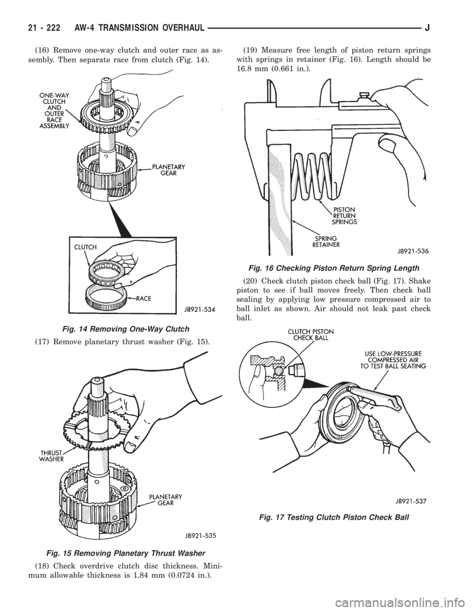 JEEP WRANGLER 1995  Owners Manual Fig. 15 Removing Planetary Thrust Washer
Fig. 16 Checking Piston Return Spring Length
Fig. 17 Testing Clutch Piston Check Ball
21 - 222 AW-4 TRANSMISSION OVERHAULJ 