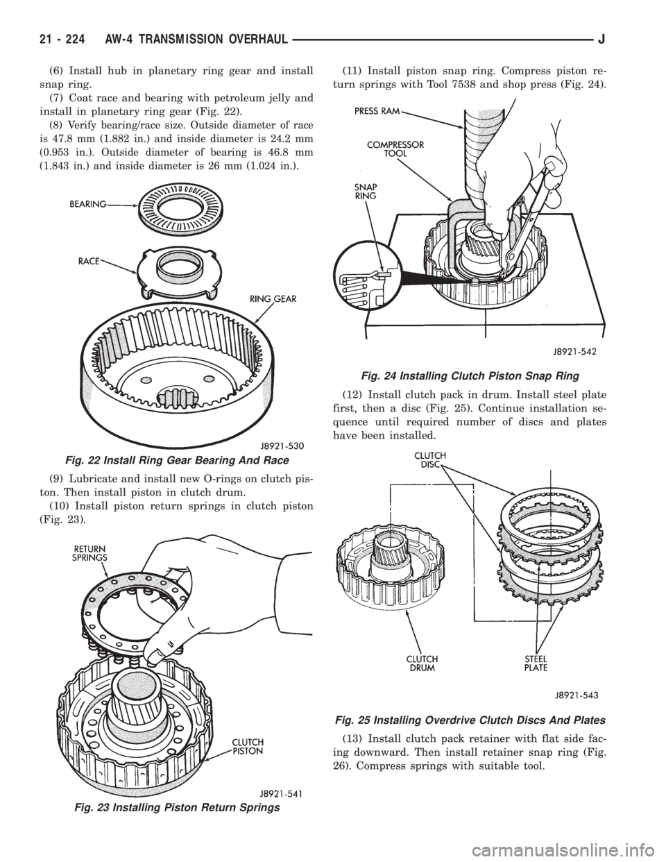 JEEP WRANGLER 1995  Owners Manual Fig. 23 Installing Piston Return Springs
Fig. 24 Installing Clutch Piston Snap Ring
Fig. 25 Installing Overdrive Clutch Discs And Plates
21 - 224 AW-4 TRANSMISSION OVERHAULJ 