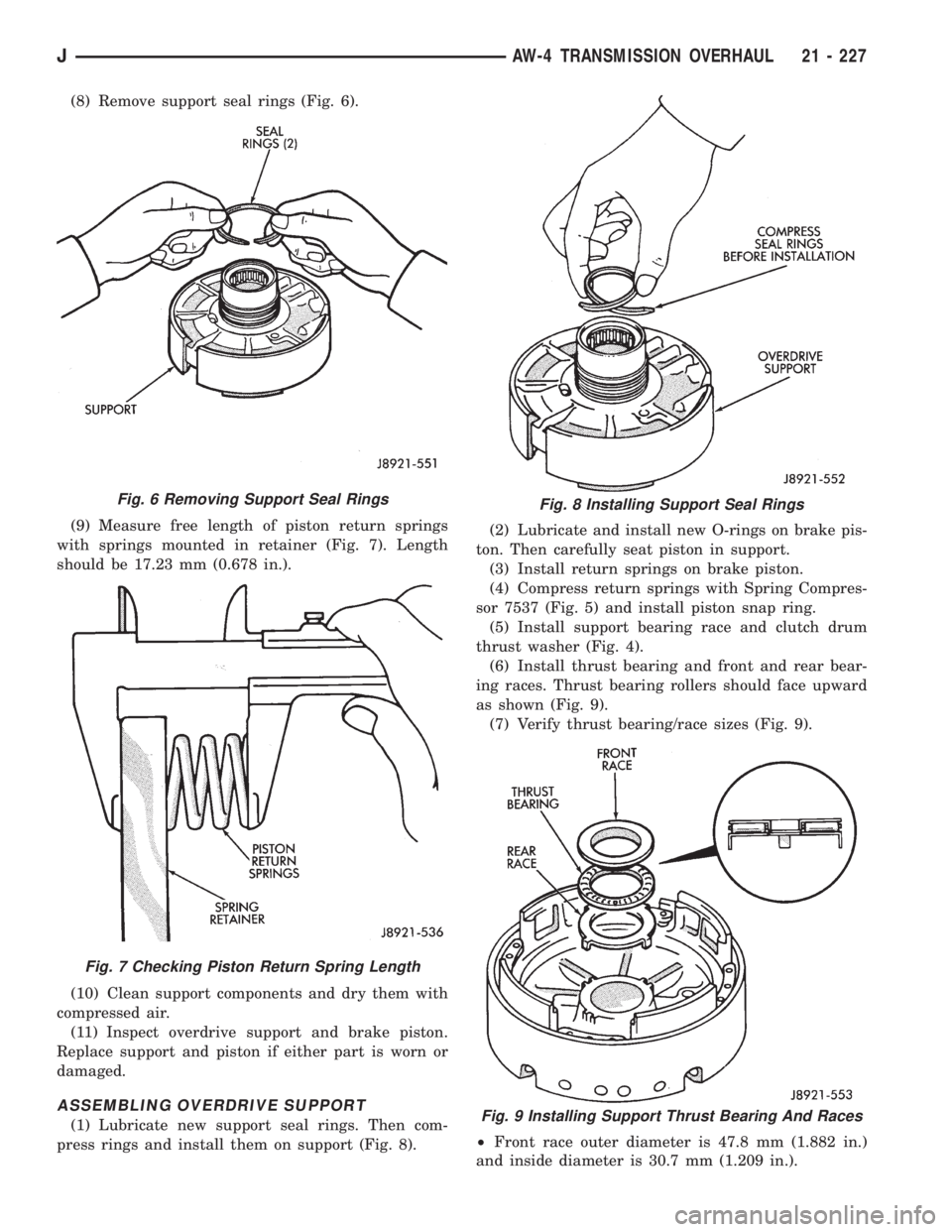 JEEP WRANGLER 1995  Owners Manual Fig. 7 Checking Piston Return Spring Length
Fig. 8 Installing Support Seal Rings
Fig. 9 Installing Support Thrust Bearing And Races
JAW-4 TRANSMISSION OVERHAUL 21 - 227 