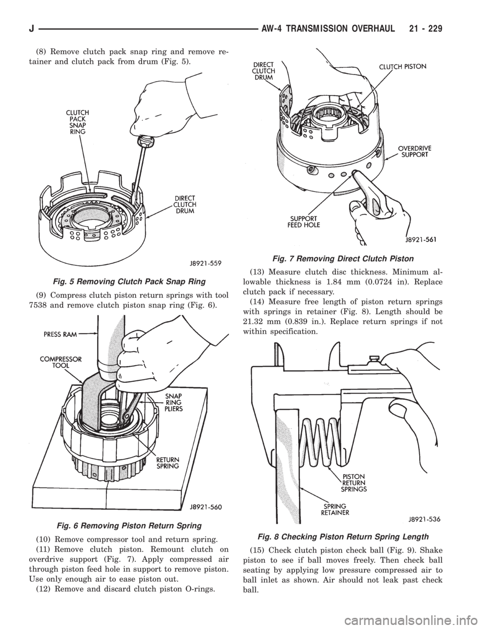 JEEP WRANGLER 1995  Owners Manual Fig. 6 Removing Piston Return Spring
Fig. 7 Removing Direct Clutch Piston
Fig. 8 Checking Piston Return Spring Length
JAW-4 TRANSMISSION OVERHAUL 21 - 229 