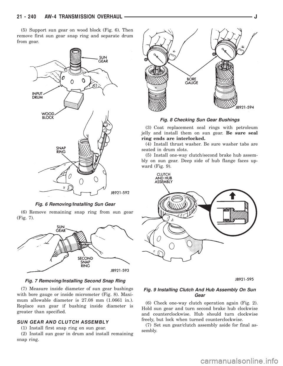 JEEP WRANGLER 1995  Owners Manual Fig. 7 Removing/Installing Second Snap Ring
Fig. 8 Checking Sun Gear Bushings
Fig. 9 Installing Clutch And Hub Assembly On Sun
Gear
21 - 240 AW-4 TRANSMISSION OVERHAULJ 