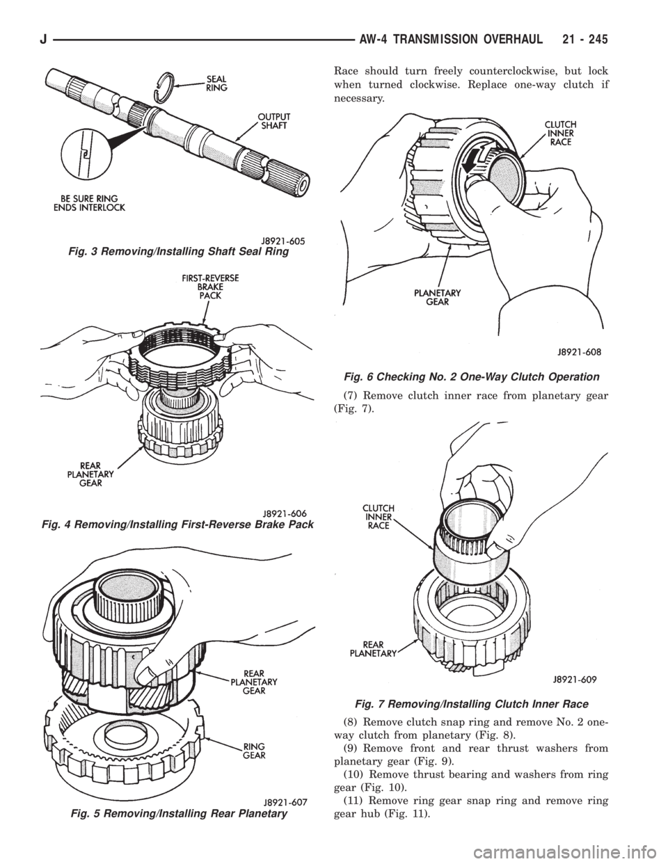 JEEP WRANGLER 1995  Owners Manual Fig. 4 Removing/Installing First-Reverse Brake Pack
Fig. 5 Removing/Installing Rear Planetary
Fig. 6 Checking No. 2 One-Way Clutch Operation
Fig. 7 Removing/Installing Clutch Inner Race
JAW-4 TRANSMIS
