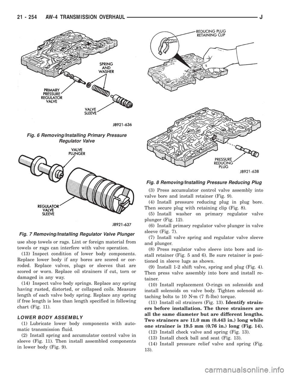 JEEP WRANGLER 1995  Owners Manual Fig. 7 Removing/Installing Regulator Valve Plunger
Fig. 8 Removing/Installing Pressure Reducing Plug
21 - 254 AW-4 TRANSMISSION OVERHAULJ 