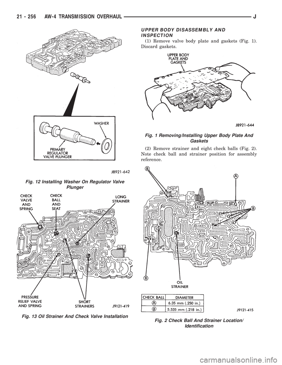 JEEP WRANGLER 1995  Owners Manual Fig. 13 Oil Strainer And Check Valve Installation
Fig. 1 Removing/Installing Upper Body Plate And
Gaskets
Fig. 2 Check Ball And Strainer Location/
Identification
21 - 256 AW-4 TRANSMISSION OVERHAULJ 