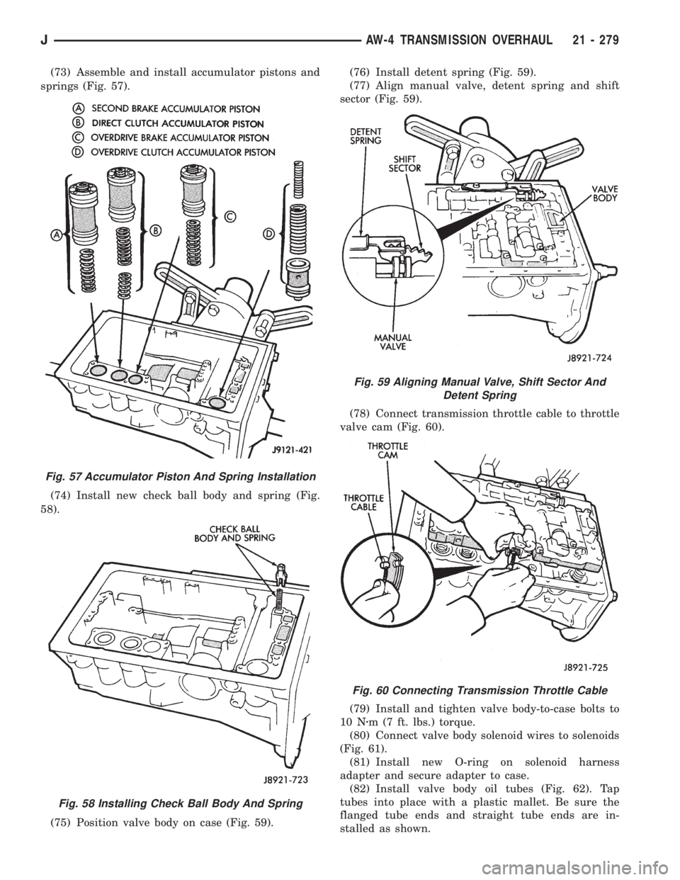 JEEP WRANGLER 1995  Owners Manual Fig. 58 Installing Check Ball Body And Spring
Fig. 59 Aligning Manual Valve, Shift Sector And
Detent Spring
Fig. 60 Connecting Transmission Throttle Cable
JAW-4 TRANSMISSION OVERHAUL 21 - 279 