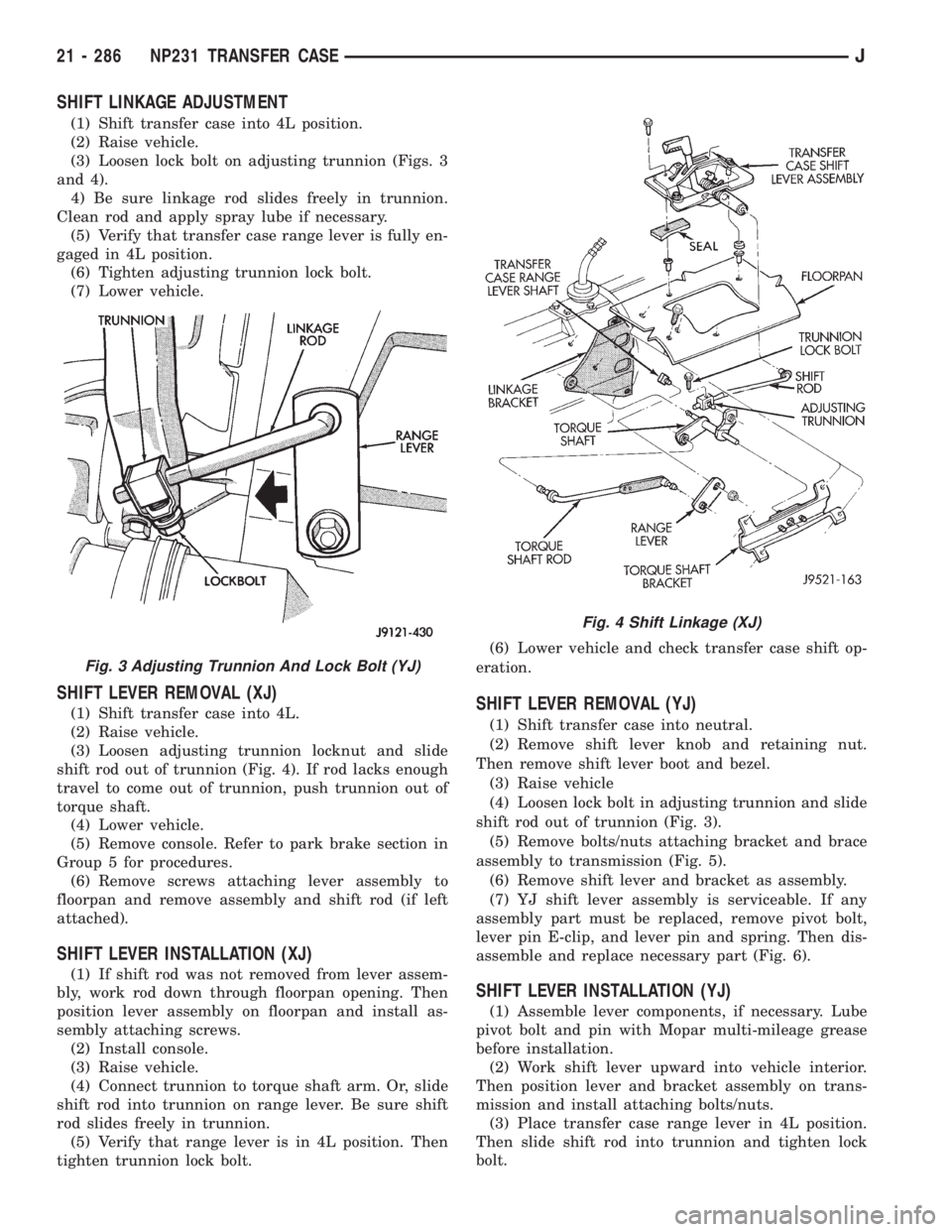 JEEP WRANGLER 1995  Owners Manual Fig. 4 Shift Linkage (XJ)
21 - 286 NP231 TRANSFER CASEJ 