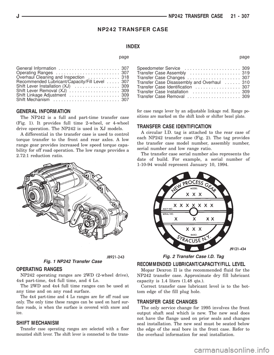 JEEP WRANGLER 1995  Owners Manual Fig. 2 Transfer Case I.D. Tag
JNP242 TRANSFER CASE 21 - 307 