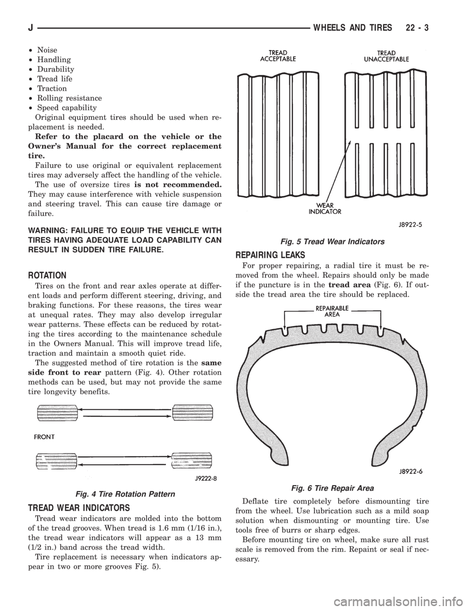 JEEP WRANGLER 1995  Owners Manual Fig. 5 Tread Wear Indicators
Fig. 6 Tire Repair Area
JWHEELS AND TIRES 22 - 3 