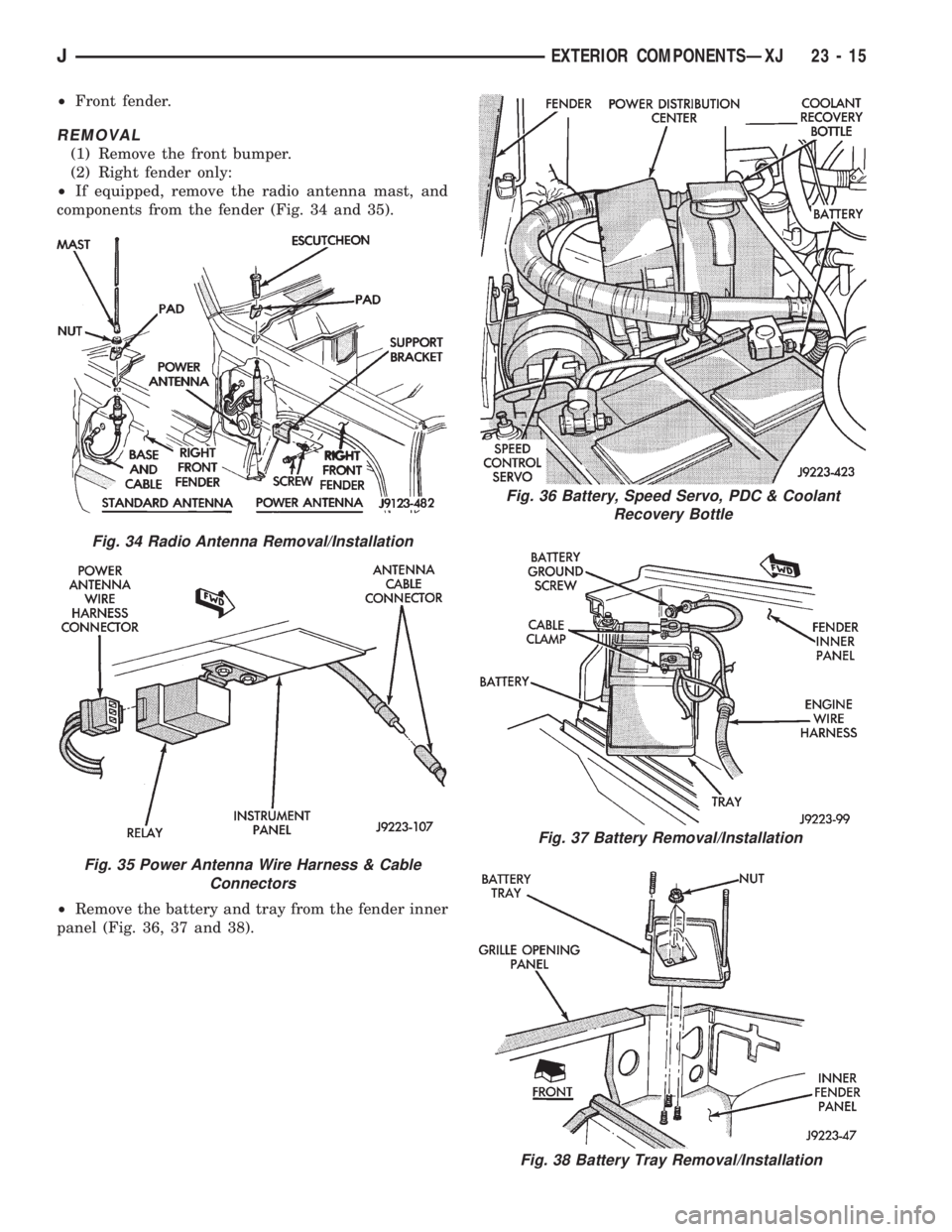 JEEP WRANGLER 1995  Owners Manual Fig. 37 Battery Removal/Installation
Fig. 38 Battery Tray Removal/Installation
Fig. 34 Radio Antenna Removal/Installation
Fig. 35 Power Antenna Wire Harness & Cable
Connectors
JEXTERIOR COMPONENTSÐXJ