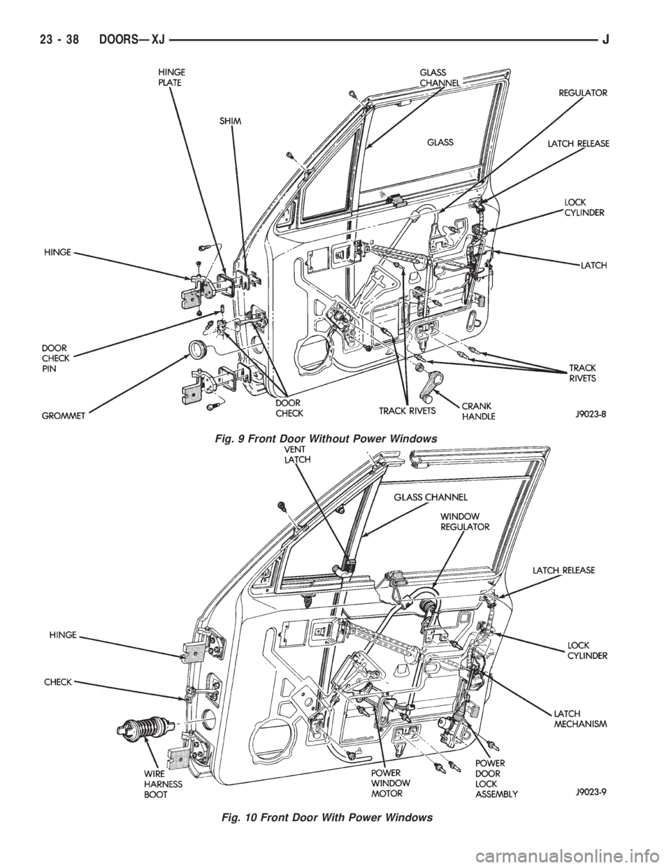 JEEP WRANGLER 1995  Owners Manual Fig. 10 Front Door With Power Windows
23 - 38 DOORSÐXJJ 
