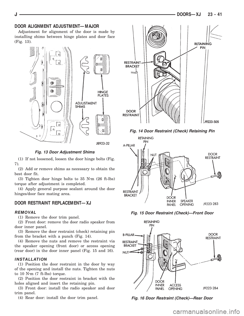JEEP WRANGLER 1995  Owners Manual Fig. 15 Door Restraint (Check)ÐFront Door
Fig. 16 Door Restraint (Check)ÐRear Door
Fig. 13 Door Adjustment Shims
JDOORSÐXJ 23 - 41 