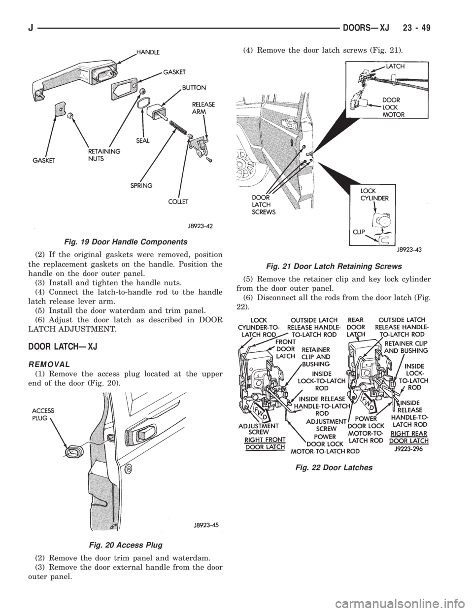JEEP WRANGLER 1995  Owners Manual Fig. 20 Access Plug
Fig. 21 Door Latch Retaining Screws
Fig. 22 Door Latches
JDOORSÐXJ 23 - 49 
