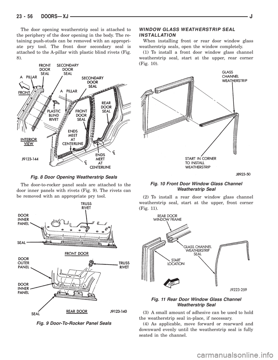 JEEP WRANGLER 1995  Owners Manual Fig. 9 Door-To-Rocker Panel Seals
Fig. 10 Front Door Window Glass Channel
Weatherstrip Seal
Fig. 11 Rear Door Window Glass Channel
Weatherstrip Seal
23 - 56 DOORSÐXJJ 