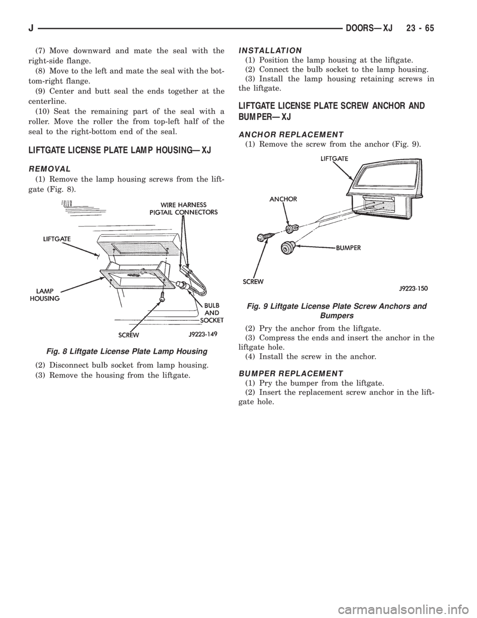 JEEP WRANGLER 1995  Owners Manual Fig. 9 Liftgate License Plate Screw Anchors and
Bumpers
JDOORSÐXJ 23 - 65 