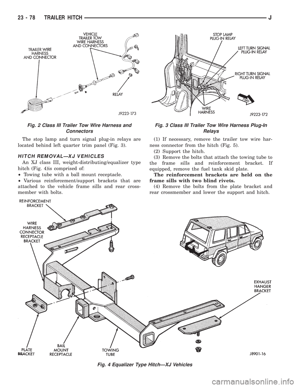 JEEP WRANGLER 1995  Owners Manual Fig. 2 Class III Trailer Tow Wire Harness and
ConnectorsFig. 3 Class III Trailer Tow Wire Harness Plug-In
Relays
23 - 78 TRAILER HITCHJ 