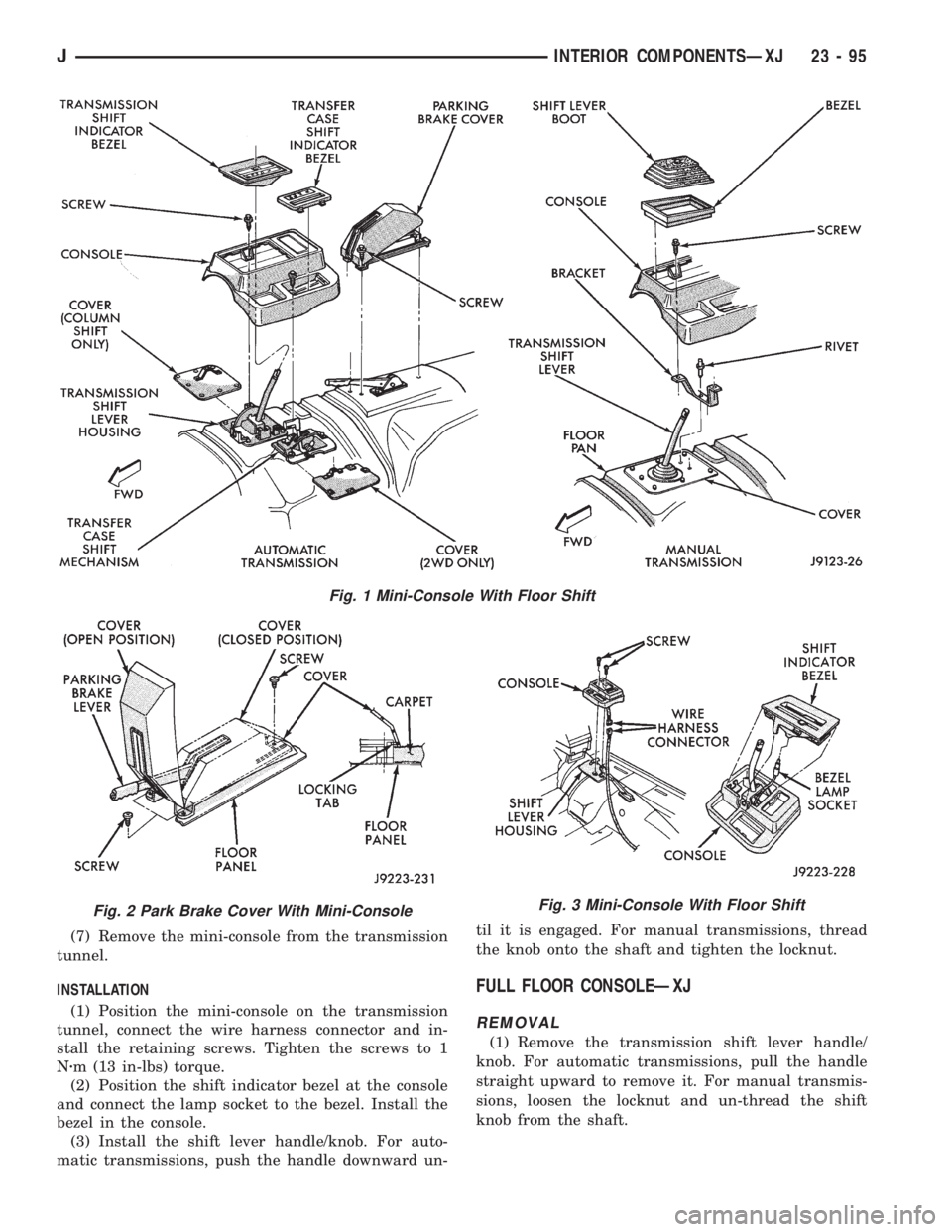 JEEP WRANGLER 1995  Owners Manual Fig. 2 Park Brake Cover With Mini-ConsoleFig. 3 Mini-Console With Floor Shift
JINTERIOR COMPONENTSÐXJ 23 - 95 