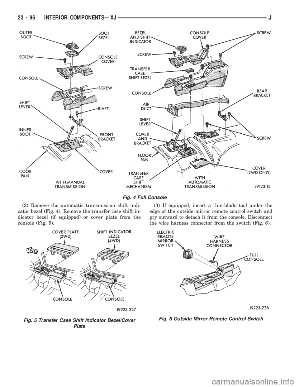 JEEP WRANGLER 1995  Owners Manual Fig. 5 Transfer Case Shift Indicator Bezel/Cover
PlateFig. 6 Outside Mirror Remote Control Switch
23 - 96 INTERIOR COMPONENTSÐXJJ 