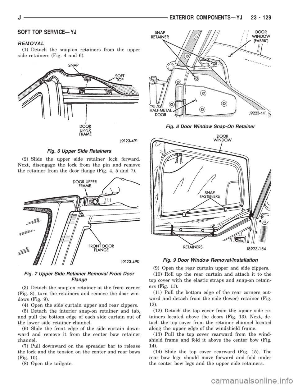 JEEP WRANGLER 1995  Owners Manual Fig. 7 Upper Side Retainer Removal From Door
Flange
Fig. 8 Door Window Snap-On Retainer
Fig. 9 Door Window Removal/Installation
JEXTERIOR COMPONENTSÐYJ 23 - 129 