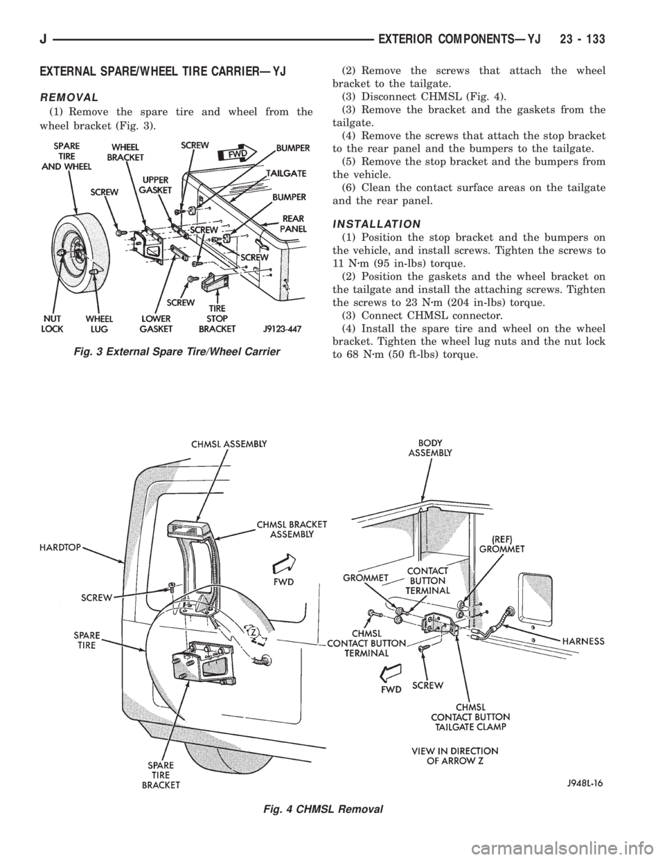 JEEP WRANGLER 1995  Owners Manual Fig. 3 External Spare Tire/Wheel Carrier
JEXTERIOR COMPONENTSÐYJ 23 - 133 