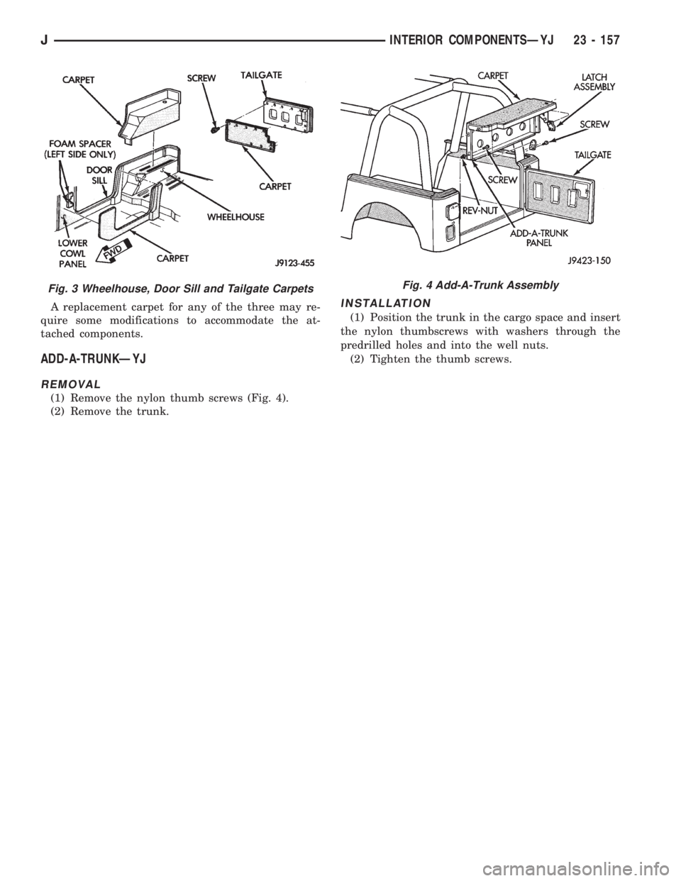 JEEP WRANGLER 1995  Owners Manual Fig. 4 Add-A-Trunk Assembly
JINTERIOR COMPONENTSÐYJ 23 - 157 