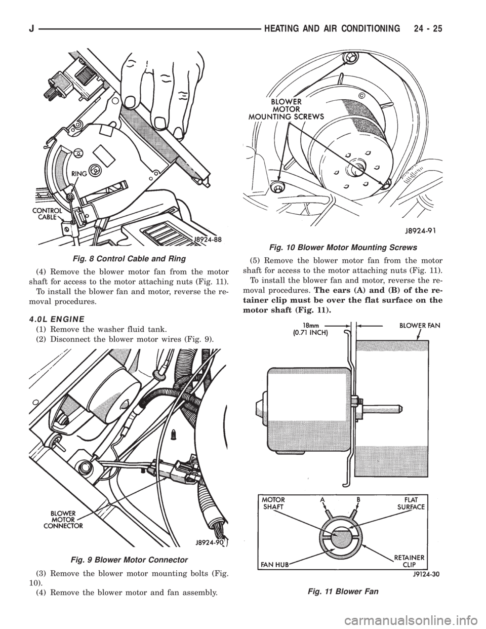 JEEP WRANGLER 1995  Owners Manual Fig. 9 Blower Motor Connector
Fig. 10 Blower Motor Mounting Screws
Fig. 11 Blower Fan
JHEATING AND AIR CONDITIONING 24 - 25 