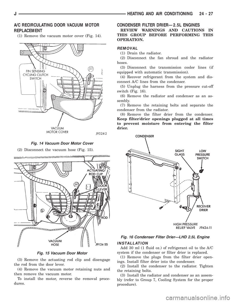 JEEP WRANGLER 1995  Owners Manual Fig. 15 Vacuum Door Motor
Fig. 16 Condenser Filter DrierÐLHD 2.5L Engine
JHEATING AND AIR CONDITIONING 24 - 27 