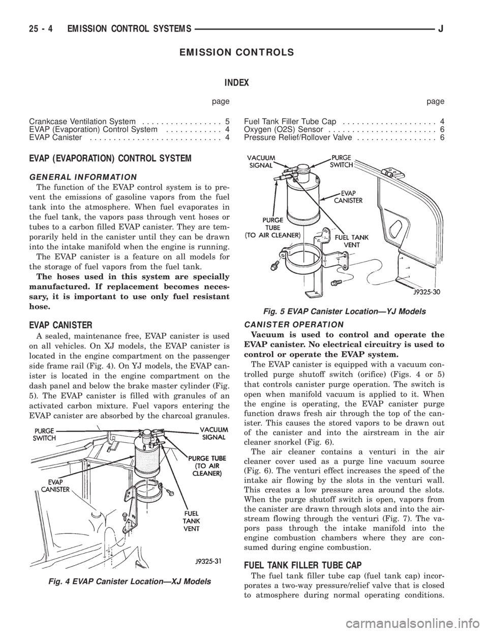 JEEP WRANGLER 1995  Owners Manual Fig. 5 EVAP Canister LocationÐYJ Models
25 - 4 EMISSION CONTROL SYSTEMSJ 