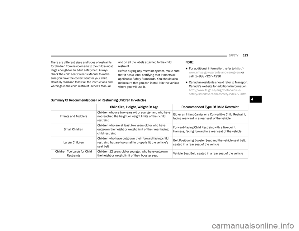 JEEP WRANGLER UNLIMITED SPORT 2020  Owners Manual 4

20_JL_OM_EN_USC_t.book  Page 193   