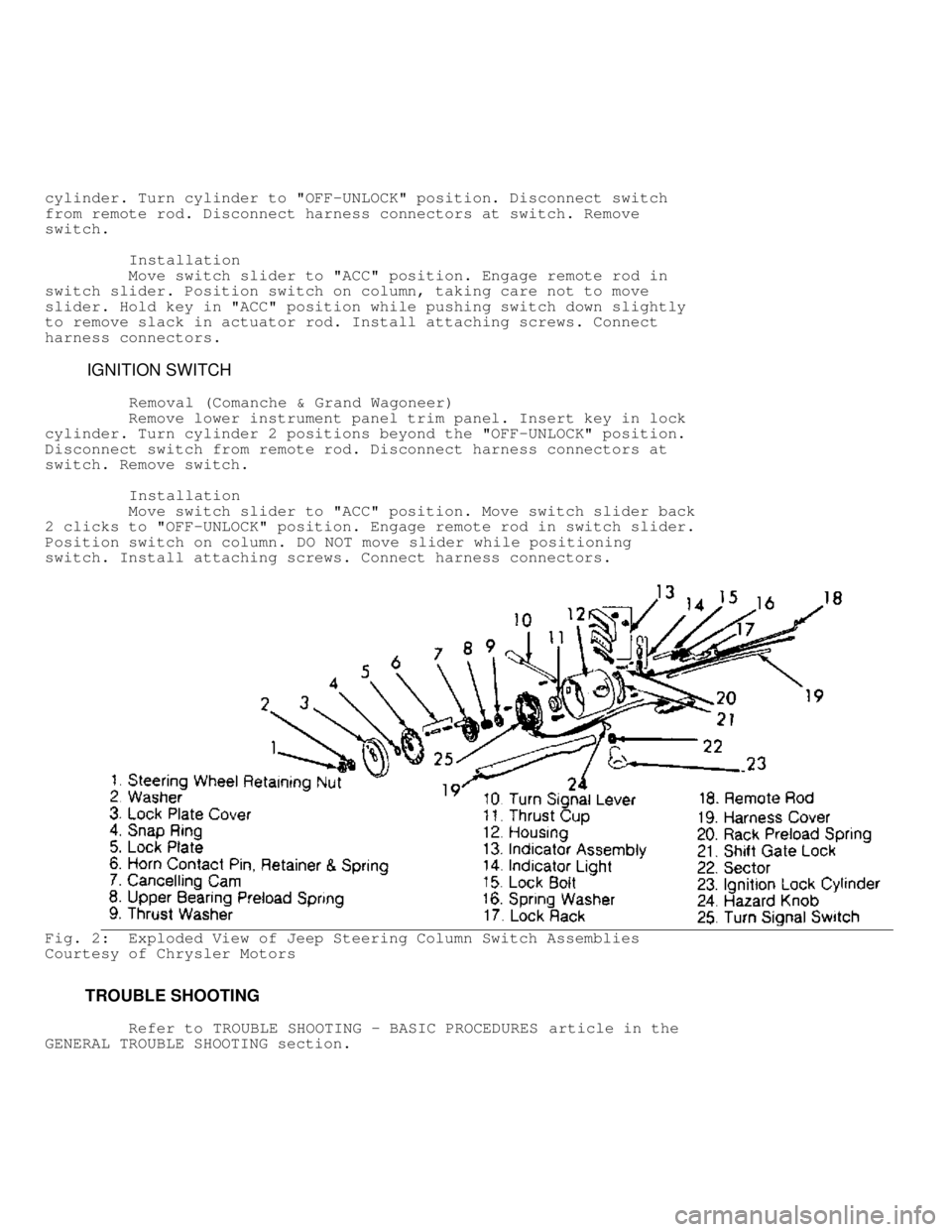 JEEP CHEROKEE 1988  Service Repair Manual cylinder. Turn cylinder to "OFF-UNLOCK" position. Disconnect switch
from remote rod. Disconnect harness connectors at switch. Remove
switch.
         Installation
         Move switch slider to "ACC" 