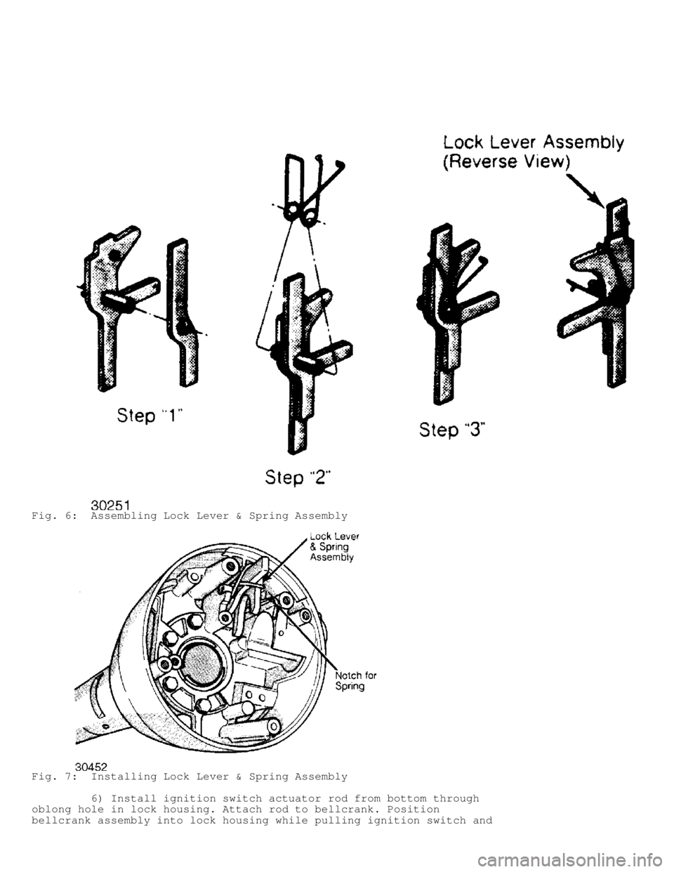 JEEP CHEROKEE 1988  Service Repair Manual Fig. 6:  Assembling Lock Lever & Spring Assembly
Fig. 7:  Installing Lock Lever & Spring Assembly
         6) Install ignition switch actuator rod from bottom through
oblong hole in lock housing. Atta