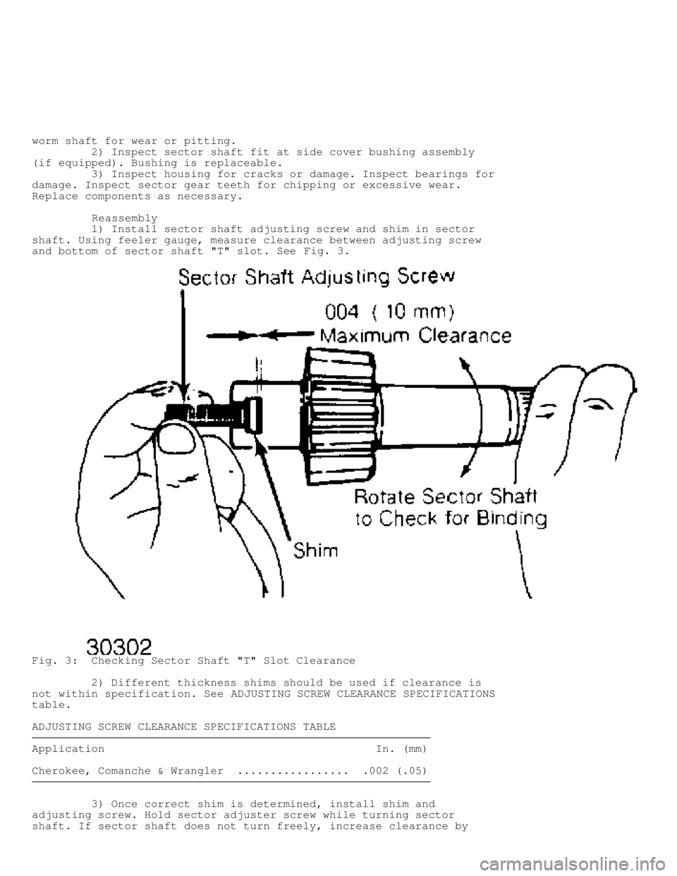 JEEP CHEROKEE 1988  Service Repair Manual worm shaft for wear or pitting.
         2) Inspect sector shaft fit at side cover bushing assembly
(if equipped). Bushing is replaceable.
         3) Inspect housing for cracks or damage. Inspect bea