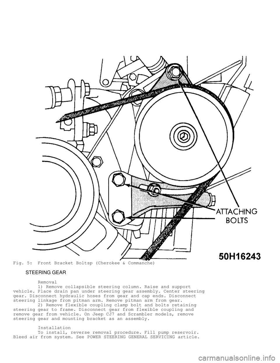 JEEP CHEROKEE 1988  Service Repair Manual Fig. 5:  Front Bracket Boltsp (Cherokee & Commanche)
         STEERING GEAR
          Removal
         1) Remove collapsible steering column. Raise and support
vehicle. Place drain pan under steering 