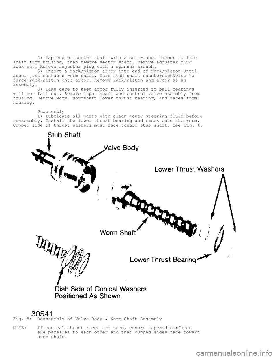 JEEP CHEROKEE 1988  Service Repair Manual          4) Tap end of sector shaft with a soft-faced hammer to free
shaft from housing, then remove sector shaft. Remove adjuster plug
lock nut. Remove adjuster plug with a spanner wrench.
         5