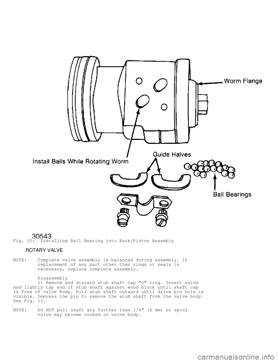 JEEP CHEROKEE 1988  Service Repair Manual Fig. 10:  Installing Ball Bearing into Rack/Piston Assembly
         ROTARY VALVE
NOTE:    Complete valve assembly is balanced during assembly. If
         replacement of any part other than rings or 