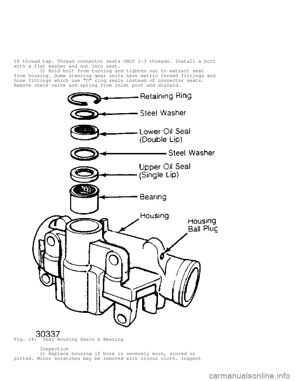 JEEP CHEROKEE 1988  Service Repair Manual 18 thread tap. Thread connector seats ONLY 2-3 threads. Install a bolt
with a flat washer and nut into seat.
         3) Hold bolt from turning and tighten nut to extract seat
from housing. Some steer