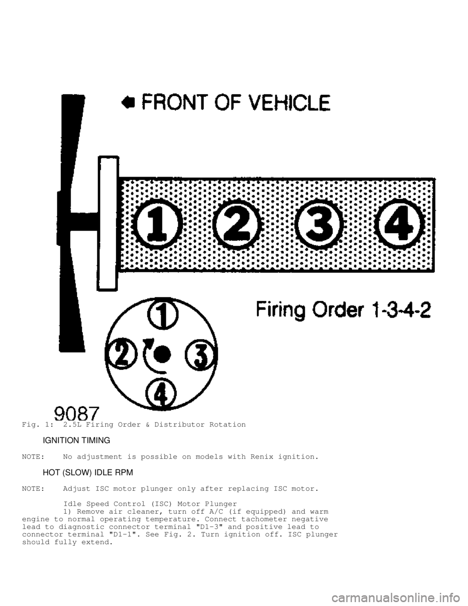 JEEP CHEROKEE 1988  Service Repair Manual Fig. 1:  2.5L Firing Order & Distributor Rotation
         IGNITION TIMING
NOTE:    No adjustment is possible on models with Renix ignition.
         HOT (SLOW) IDLE RPM
NOTE:    Adjust ISC motor plun