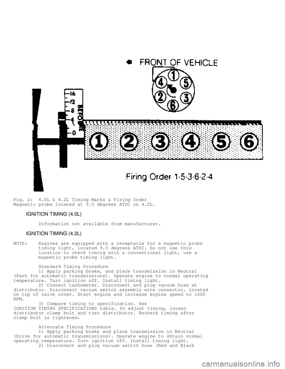 JEEP CHEROKEE 1988 Service Repair Manual Fig. 2: 4.0L & 4.2L Timing Marks & Firing Order
Magnetic probe located at 9.5 degrees ATDC on 4.2L.
IGNITION TIMING (4.0L)
Information not available from manufacturer.
IGNI JEEP CHEROKEE 1988 Service Repair Manual Fig. 2: 4.0L & 4.2L Timing Marks & Firing Order
Magnetic probe located at 9.5 degrees ATDC on 4.2L.
IGNITION TIMING (4.0L)
Information not available from manufacturer.
IGNI