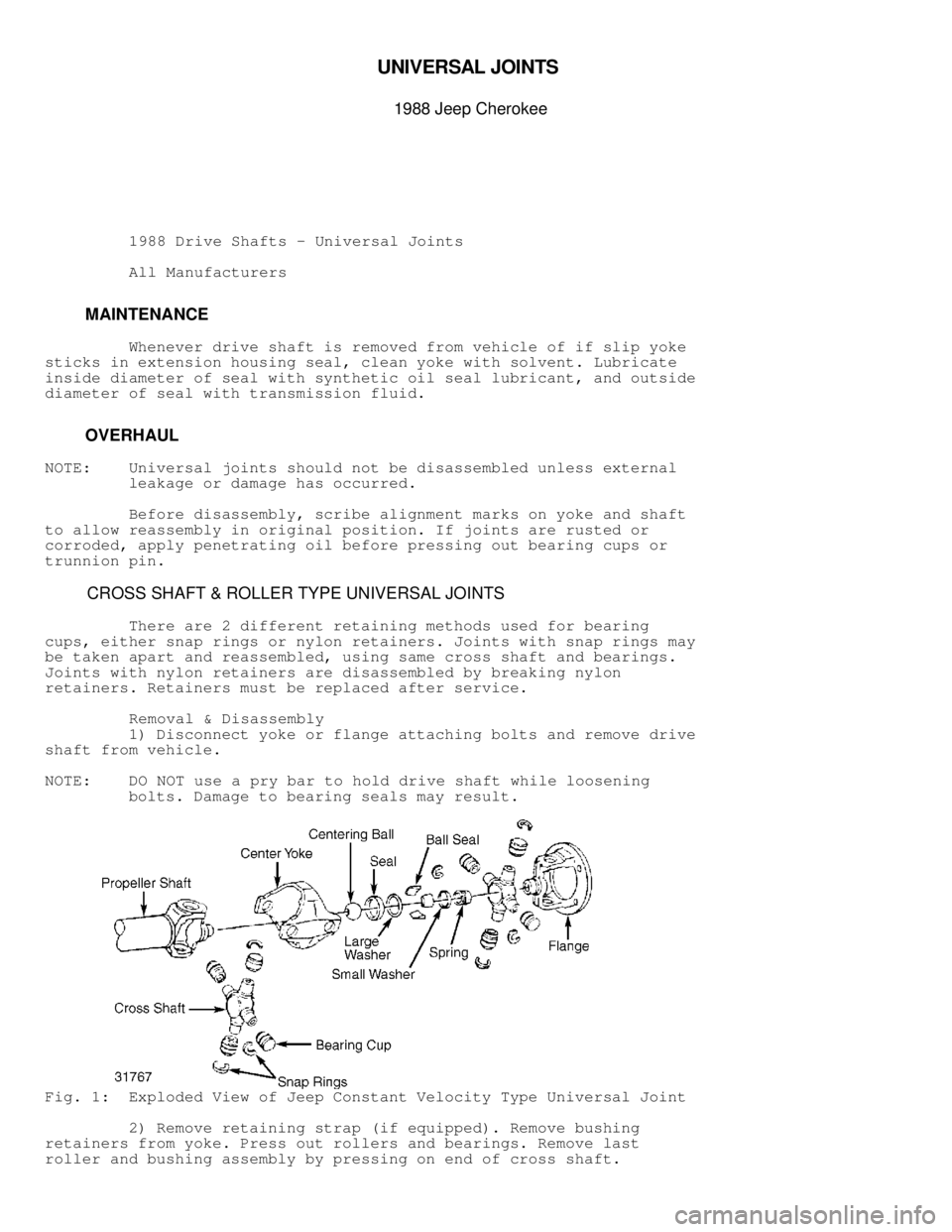 JEEP CHEROKEE 1988 Service Repair Manual UNIV ER SA L J O IN TS
1988 J e ep C hero ke e
1988 Drive Shafts - Universal Joints
All Manufacturers
MAINTENANCE
Whenever drive shaft is removed from vehicle JEEP CHEROKEE 1988 Service Repair Manual UNIV ER SA L J O IN TS
1988 J e ep C hero ke e
1988 Drive Shafts - Universal Joints
All Manufacturers
MAINTENANCE
Whenever drive shaft is removed from vehicle