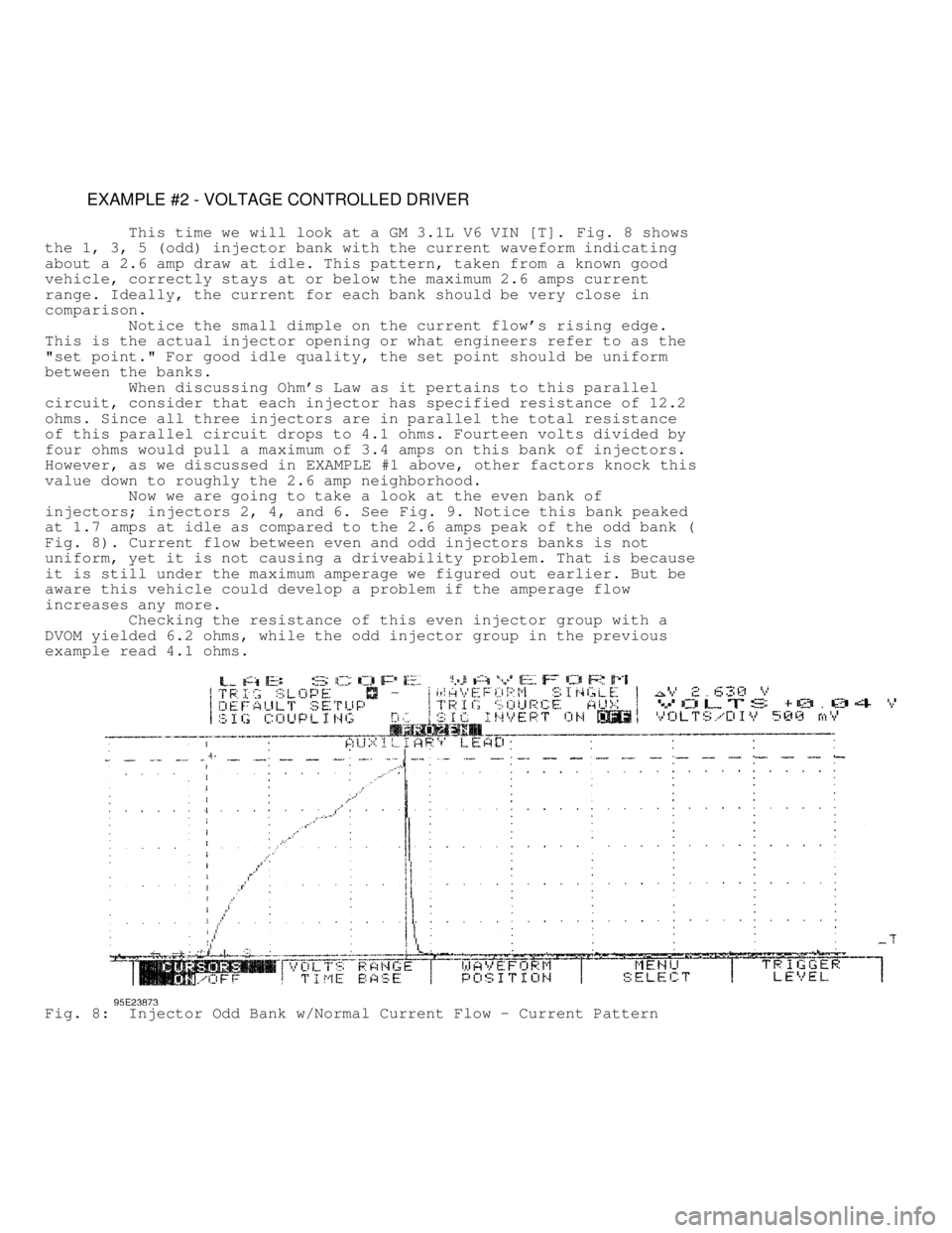JEEP CHEROKEE 1988  Service Repair Manual          EXAMPLE #2 - VOLTAGE CONTROLLED DRIVER
         This time we will look at a GM 3.1L V6 VIN [T].  Fig. 8 shows
the 1, 3, 5 (odd) injector bank with the current waveform indicating
about a 2.6 