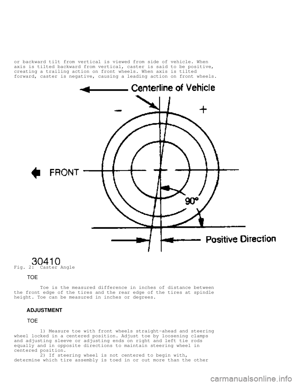 JEEP CHEROKEE 1988  Service Repair Manual or backward tilt from vertical is viewed from side of vehicle. When
axis is tilted backward from vertical, caster is said to be positive,
creating a trailing action on front wheels. When axis is tilte