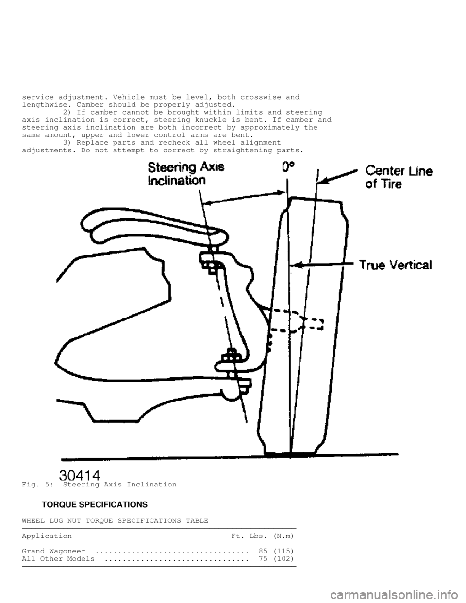 JEEP CHEROKEE 1988  Service Repair Manual service adjustment. Vehicle must be level, both crosswise and
lengthwise. Camber should be properly adjusted.
         2) If camber cannot be brought within limits and steering
axis inclination is cor